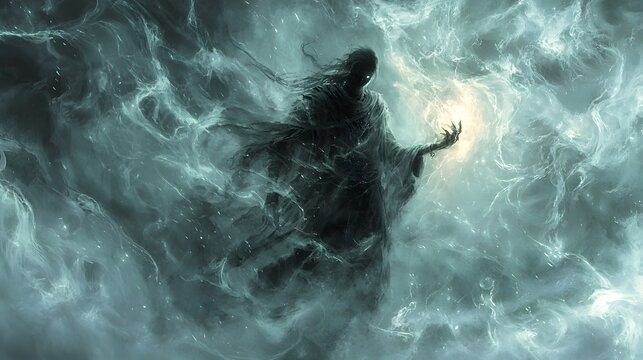 53. A shadowy trickster god emerging from swirling mist, holding a glowing relic