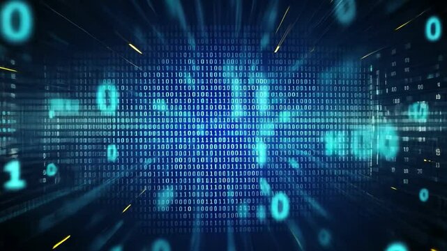Digital abstract technology background featuring glowing blue binary code and elements for futuristic experience.