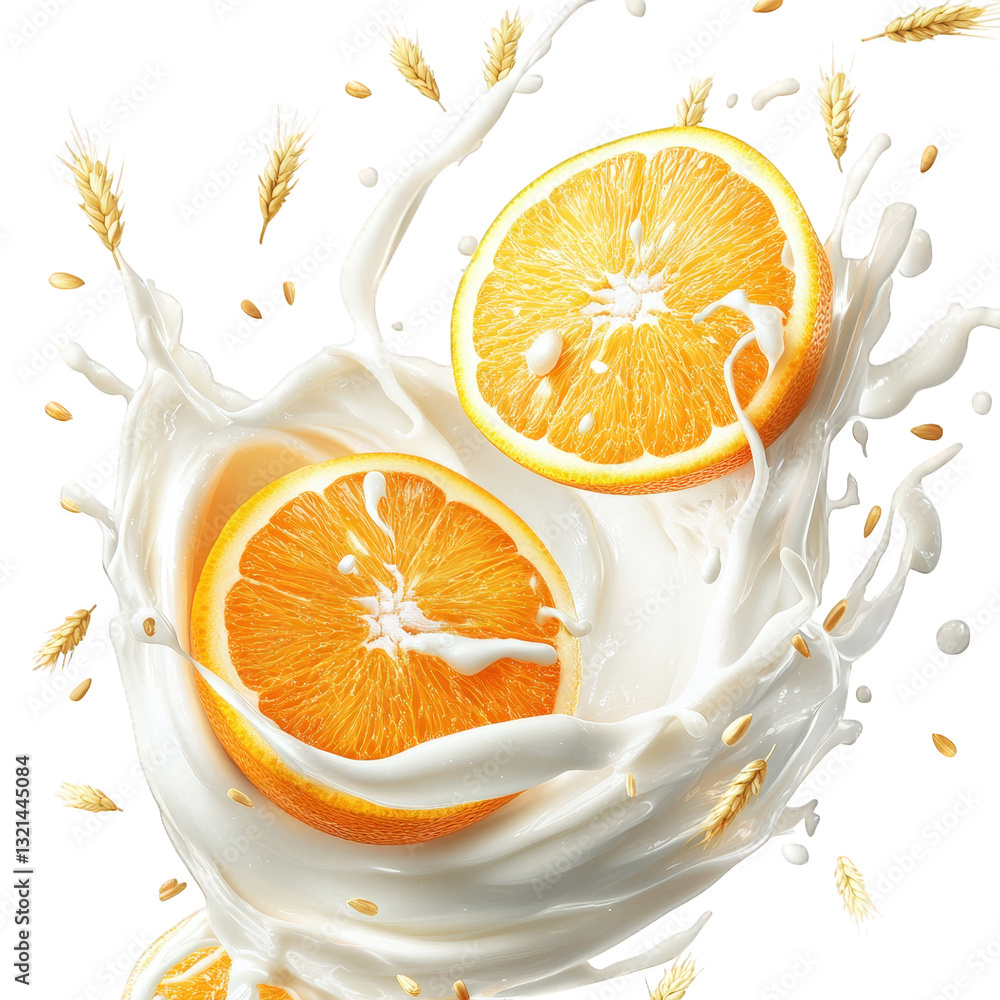 Poster fresh orange slices surrounded by splashes of milk and grains creating a vibrant and dynamic composi