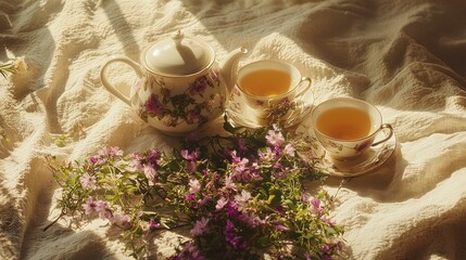 Serene Herbal Tea Set with Floral Accents on Textured Fabric
