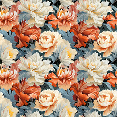 Floral Pattern: Peonies, Leaves, and Ornate Design Seamless Background