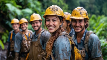 Fototapeta premium A group of hardworking construction workers smiling and covered in dirt, posing in an outdoor work environment.