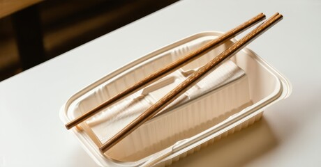 Pair of reusable chopsticks resting on biodegradable takeout container soft restaurant lighting symbolizing eco conscious dining habits