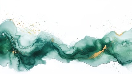 Obraz premium Abstract fluid art featuring green and gold hues flowing harmoniously across a white background, ideal for decor