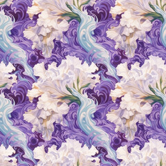 Floral Pattern: White Iris & Purple Swirls Seamless Background