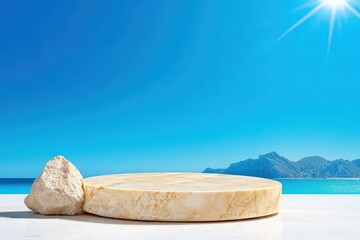 Circular marble podium under a bright midday sun with a crisp clean and minimalistic look