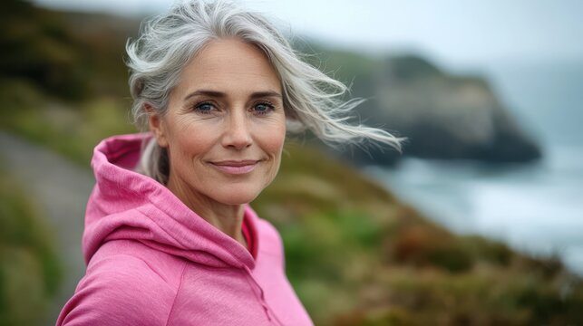 Smiling mature woman standing by the ocean enjoying a nature moment in her free time. - Powered by Adobe
