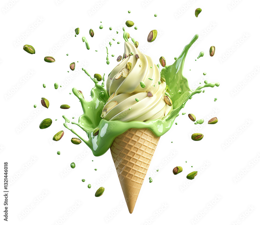 Aufkleber pistachio ice cream cone with creamy swirls splashes of green sauce and scattered pistachio nuts cre