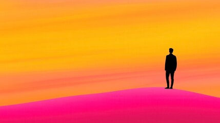 Fototapeta premium Silhouette of a person standing on a pink hill against a vibrant orange and yellow sunset. Minimalist digital art.