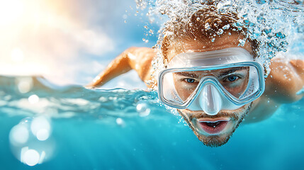 Fototapeta premium Diver plunging into layered ocean depths underwater adventure ocean vibrant close-up exploration