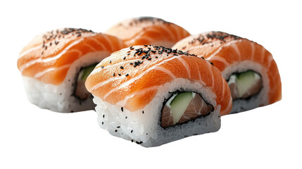 Salmon Sushi: A visually appealing shot of fresh salmon sushi rolls, featuring succulent salmon atop perfectly formed rice and a touch of black sesame, tantalizing your taste buds.