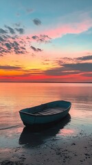 Serene sunset over calm waters with a solitary boat, reflecting vibrant orange hues.