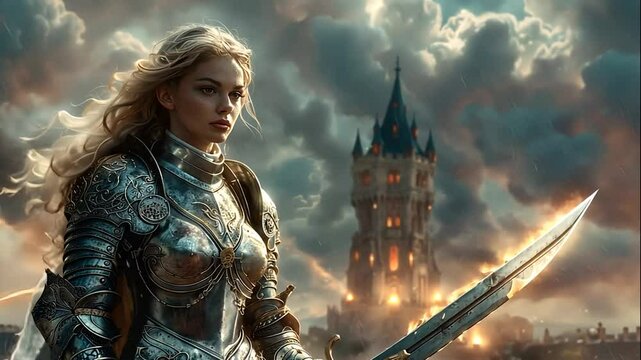 Female Knight Silver Armor Burning Castle Fantasy Art