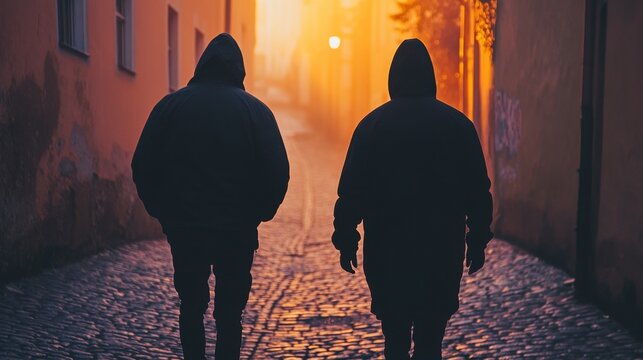 Two figures in dark hooded coats walk away from the camera down a cobblestone alley at sunrise. Warm orange light illuminates the scene.