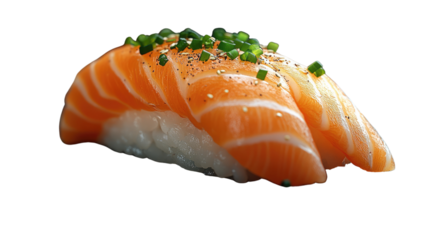 Savor the Slice: A single, perfectly crafted salmon nigiri sushi, showcasing a vibrant slice of fresh, raw salmon draped over a bed of sushi rice.