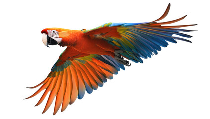 Fototapeta premium a vibrant macaw in mid-flight showcasing its colorful plumage against a white background highlighting the beauty and grace of exotic bird