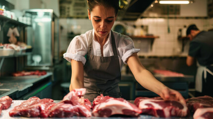 young woman buther raw beef