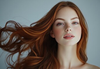 Naklejka premium A woman with long, wavy brown hair in an elegant hairstyle is posing for the camera against a light background.