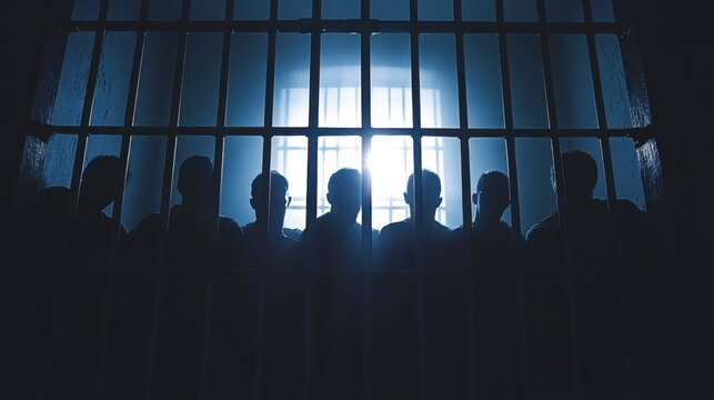 Silhouetted figures are seen through dark prison bars, a bright light emanating from the outside. The image conveys a sense of confinement and hope.