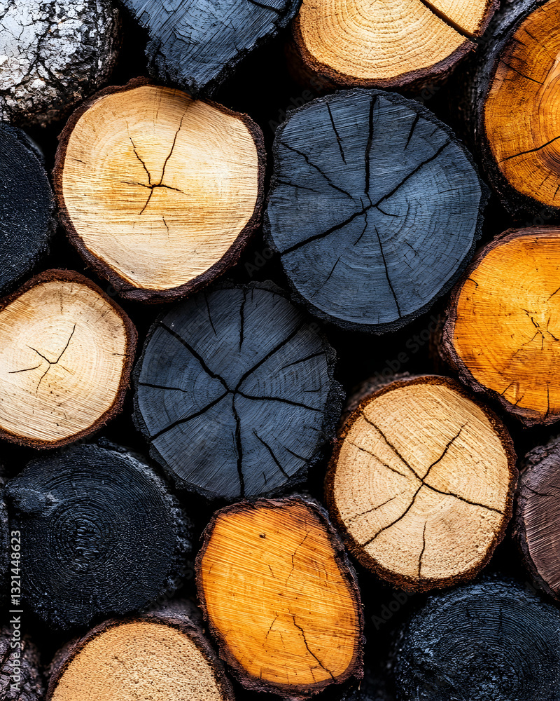 Poster stacked wood logs showing variations in color and texture some logs are dark charred while others ar