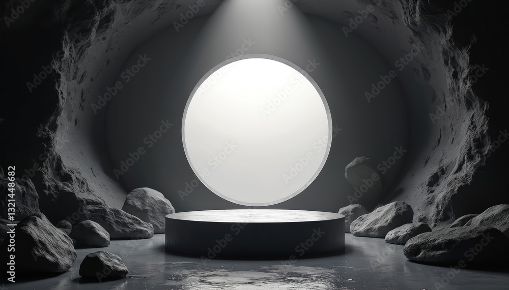 Poster minimalistic product display podium in cave illuminated by spotlight. black pedestal with rocks arou