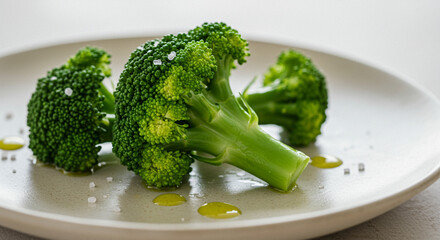 Steamed broccoli with sea salt on a white plate