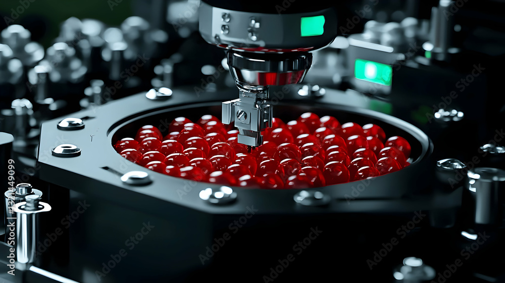 Poster machine sorting small red spheres in a complex industrial process