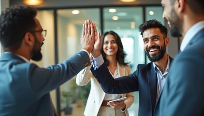 Indian business professionals celebrate success with high-five in workspace. Smiling team in modern office. Colleagues give high five. Achievement milestone. Indian culture, ethnic diversity