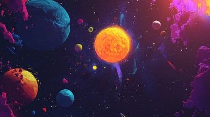 Naklejka premium A vibrant cosmic scene featuring a bright sun and various colorful planets in space.