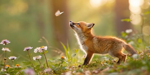Curious young fox interacting with a butterfly in a sunny forest nature photography serene environment close-up view wildlife concept