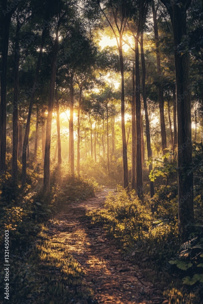 Poster woodland scene with sunlight filtering through tree branches