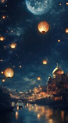 Naklejka premium Ramadan enchantment with floating lanterns and a deep midnight sky