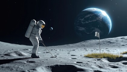 Astronaut hits golf ball on moon with Earth in background. Space suit dressed cosmonaut makes swing on lunar surface, enjoys recreation activity. Calmness, sportsmanship outer space travel