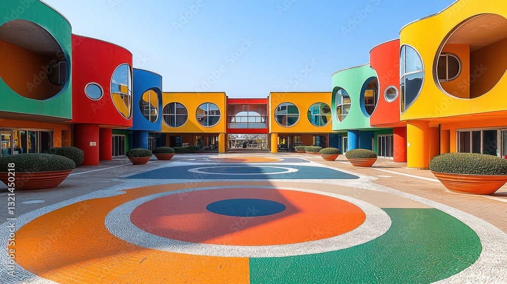 Poster playful architecture: vibrant building design with colorful circular patterns