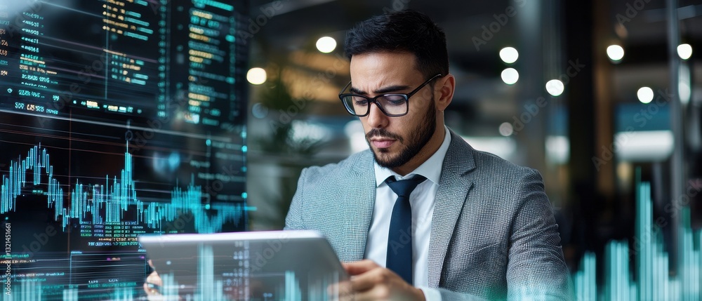 Leinwandbilder A man in a suit is looking at a tablet with a screen displaying financial data