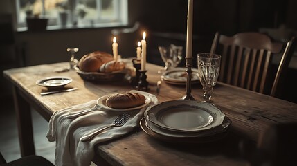 Fototapeta premium Dining Table Setting with Bread and Candles for a Cozy Meal