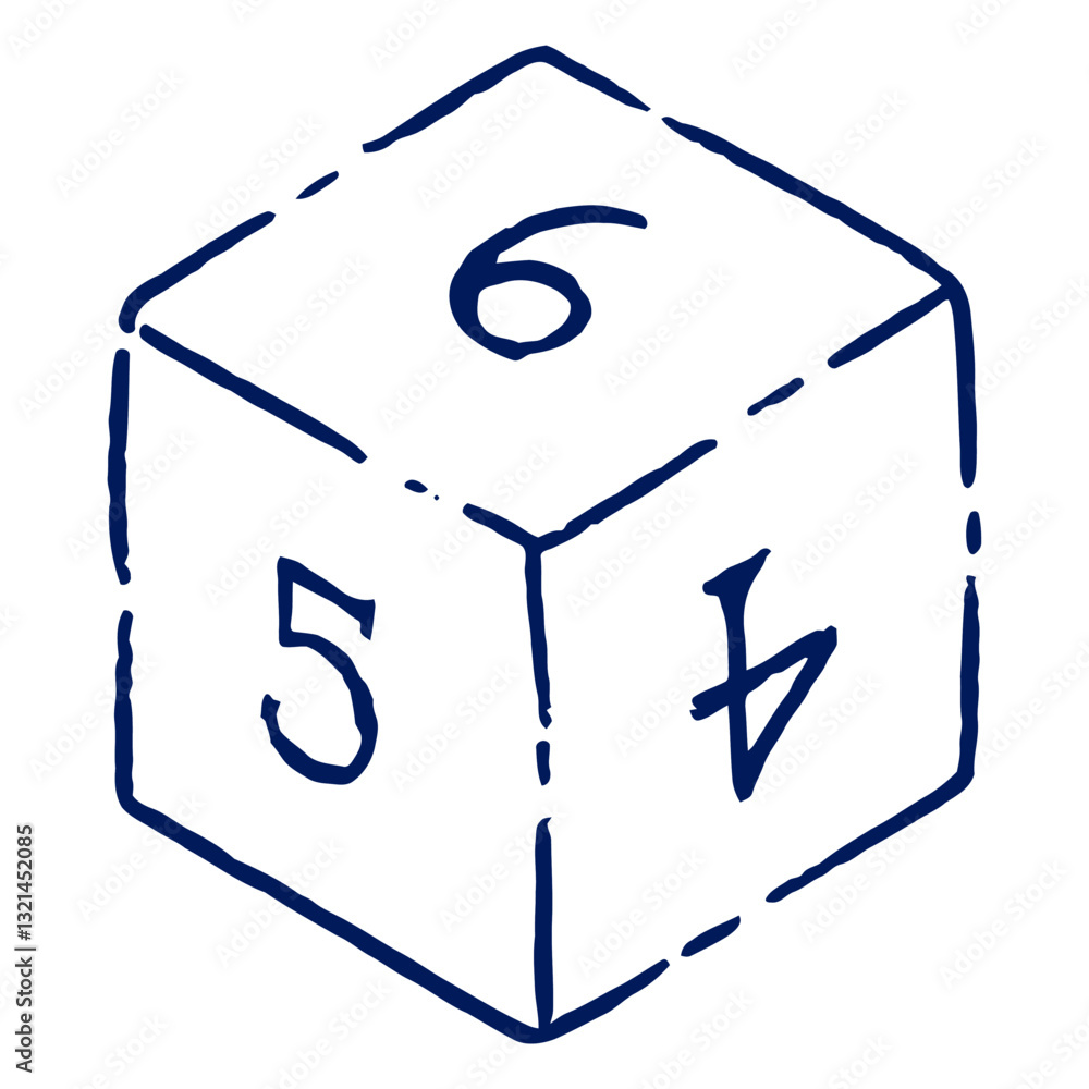 Poster game dice illustration: a simple yet visually appealing game die, showing the number six on its top 