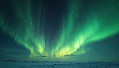 Naklejka premium Ethereal green aurora borealis over snow covered landscape at night. Luminous sky, cosmic light display, winter nature beauty at South Pole, Antarctic. Perfect screensaver on your devices.