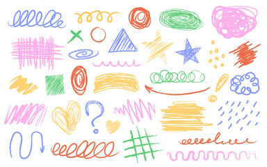 Colorful hand drawn doodles, scribble crayon or pencil drawing design, handwritten symbols set