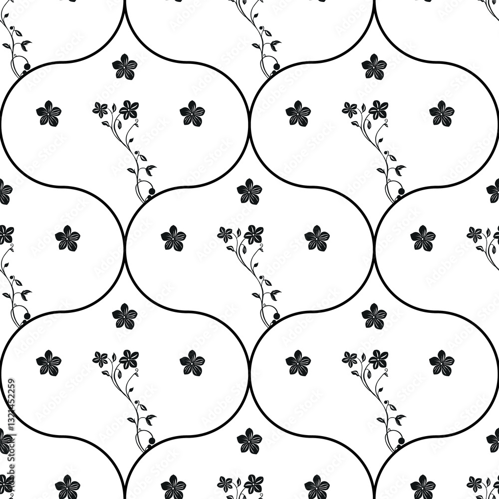 Poster a vector seamless pattern featuring black floral designs on a white background. the pattern c in oge