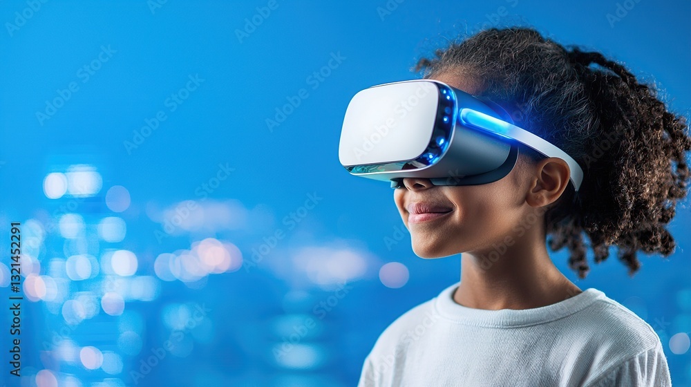 Poster a child experiences virtual reality in a futuristic setting with glowing lights.