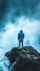 Obraz premium A lone figure in a hooded coat stands on a rock, facing powerful ocean waves crashing against the shore under a dramatic, stormy sky.