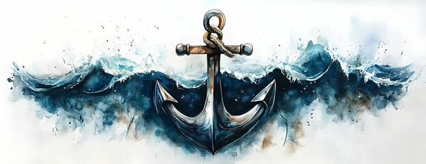 Anchor in ocean waves, nautical art