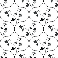 A vector seamless black and white floral pattern featuring delicate flowers and leaves intertwined in ogee shapes.