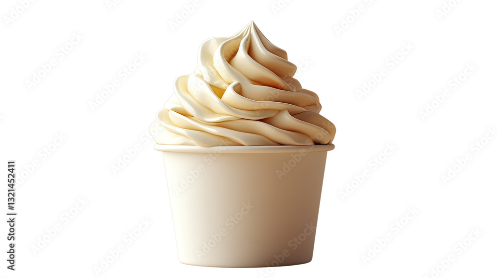 Poster creamy swirl: a single serving of soft serve ice cream in a paper cup, artfully swirled to create a 