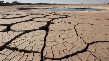 parched cracked earth with remnants of dried lake and abandoned structures for climate crisis awareness and environmental documentaries