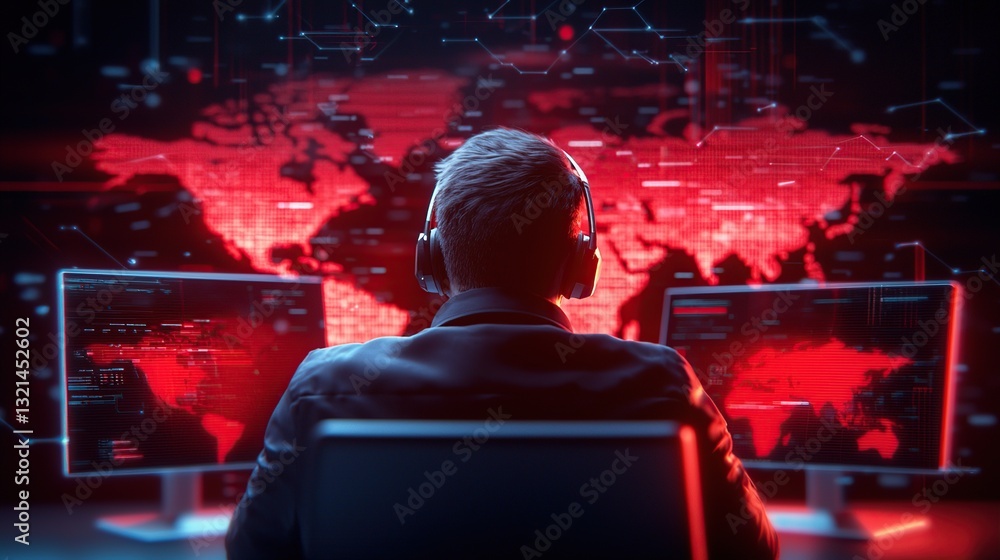 Poster a person in headphones monitors global data on multiple screens with a red digital map background.