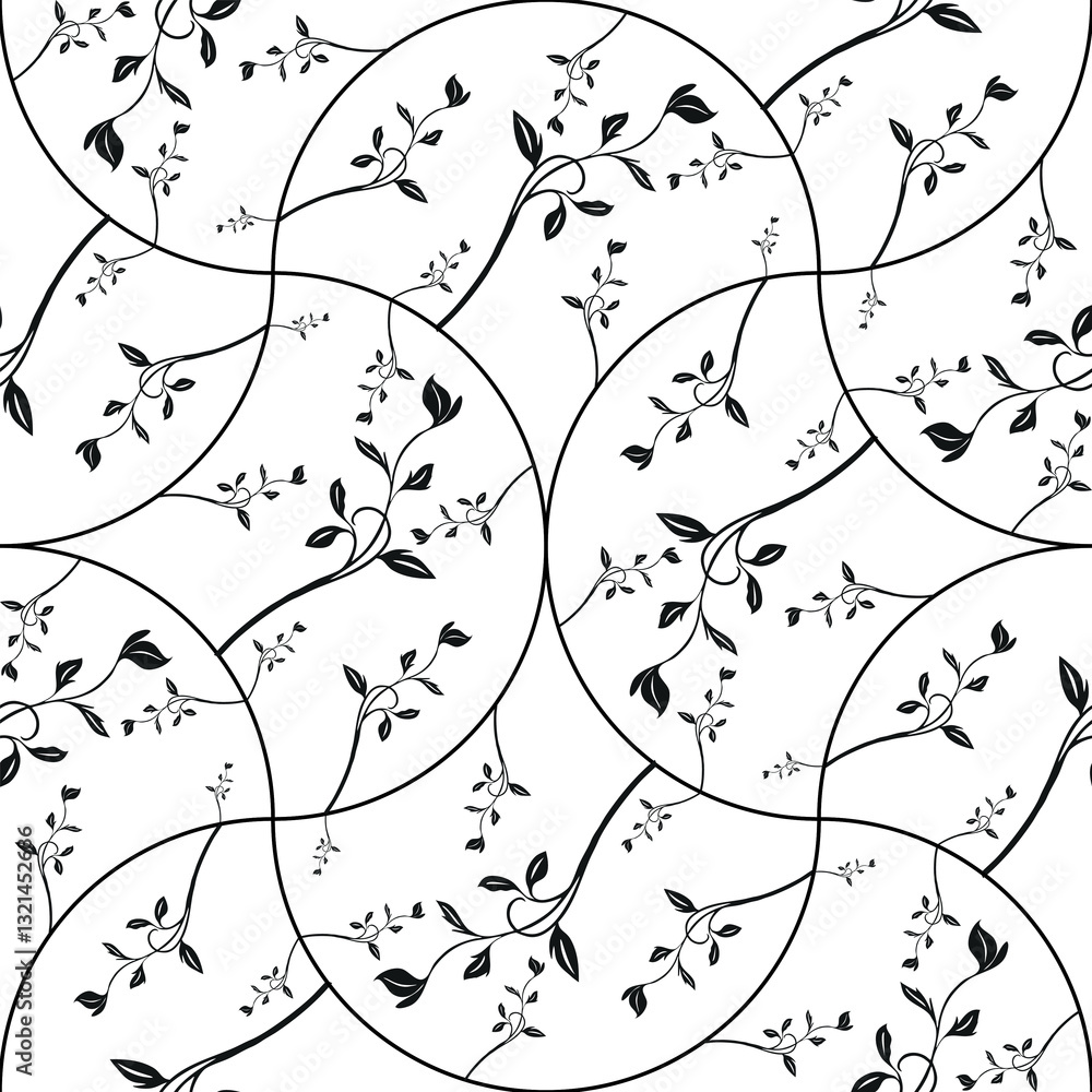 Poster a vector seamless pattern featuring delicate black floral vines on a white background in random arch