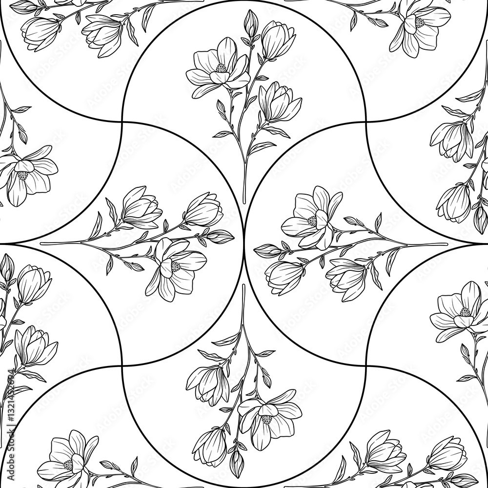 Poster a vector seamless floral pattern featuring delicate line-drawn flowers magnolia arranged in random a