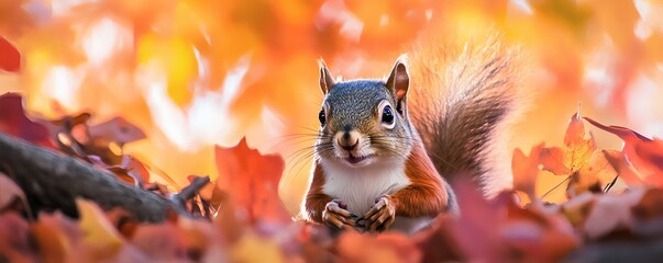 A curious red squirrel nestled among colorful autumn leaves is seen